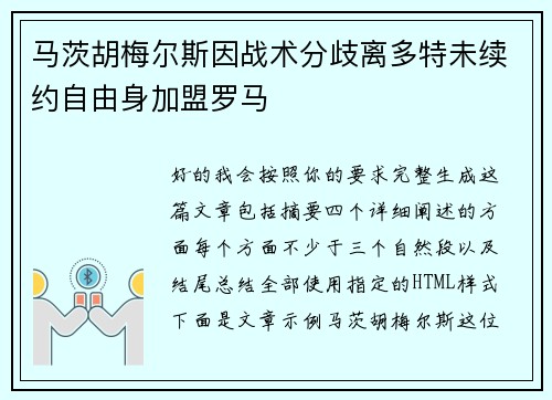 马茨胡梅尔斯因战术分歧离多特未续约自由身加盟罗马