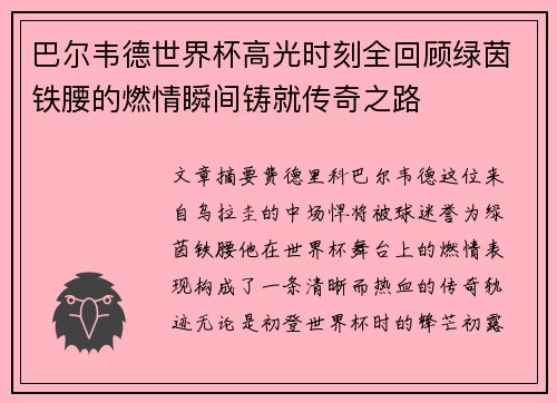 巴尔韦德世界杯高光时刻全回顾绿茵铁腰的燃情瞬间铸就传奇之路